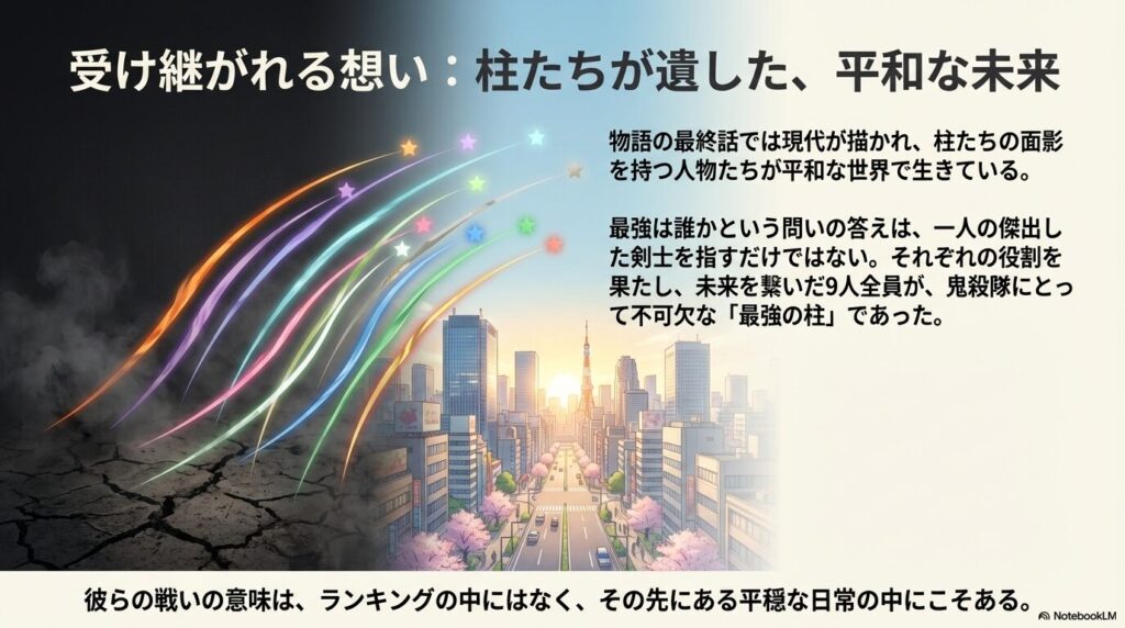 最終話の現代の描写に触れ、ランキングを超えた「最強の9人」全員が平和な未来を繋いだという、物語の結末を総括するスライド。