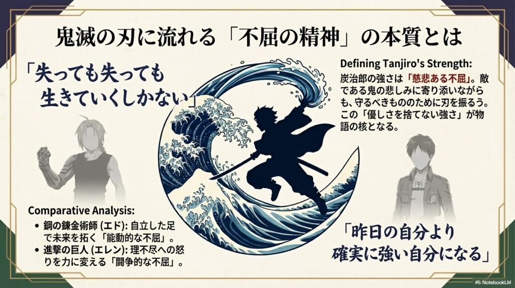 炭治郎の「慈悲ある不屈」と、エド（鋼の錬金術師）やエレン（進撃の巨人）の精神性の違いを比較した分析スライド。