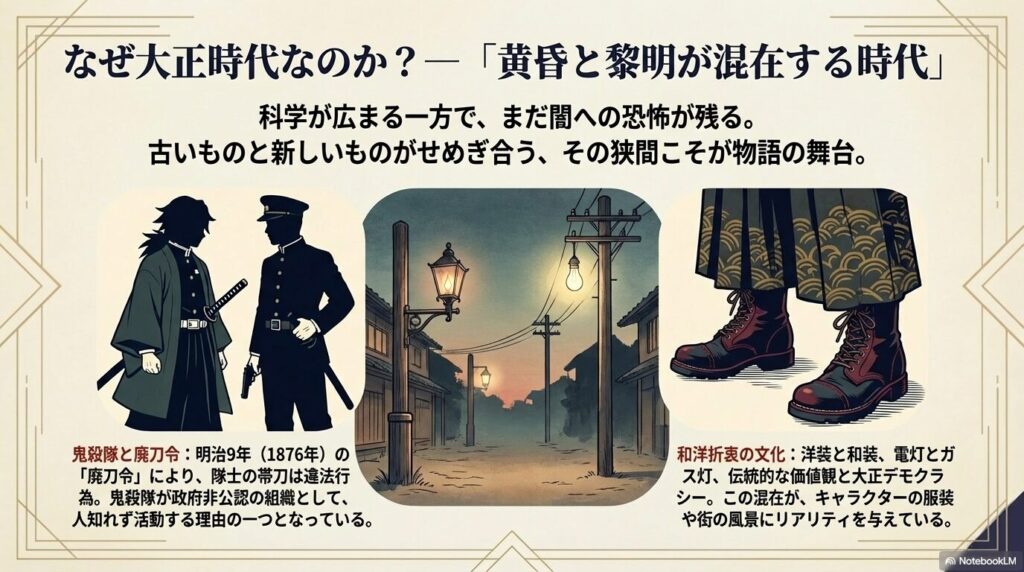 廃刀令による鬼殺隊の非公認性や、和洋折衷の文化（電灯とガス灯、洋服と和服）が混在する大正時代の社会情勢をまとめた図解。
