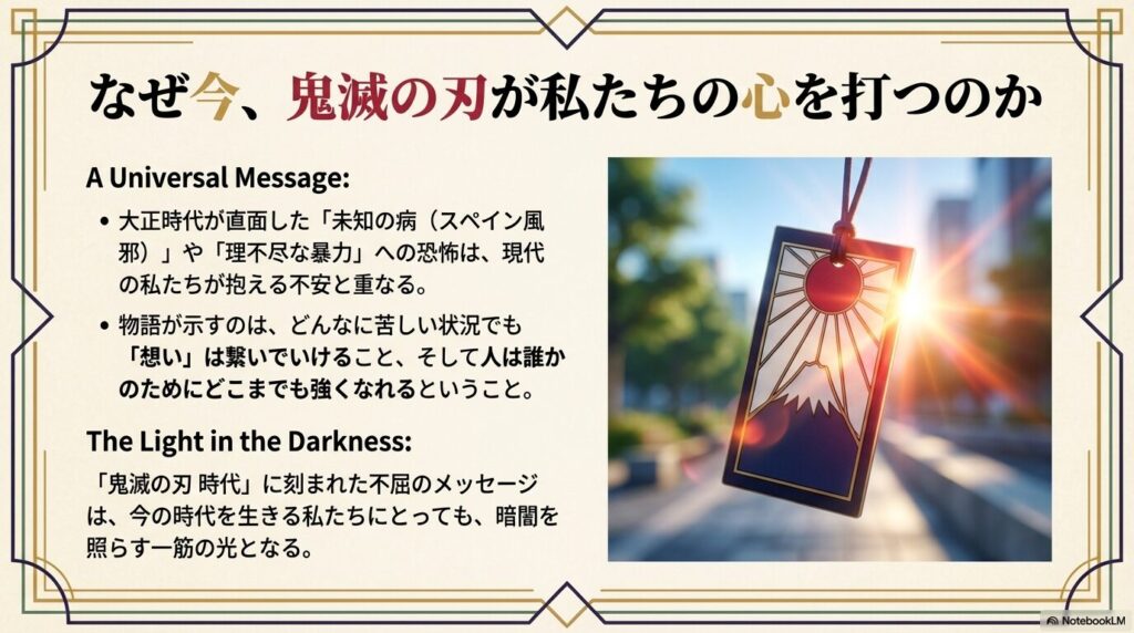 スペイン風邪などの未知の病や暴力に直面した大正時代と、現代の不安を重ね、物語が放つ普遍的な希望の光についてのまとめ。