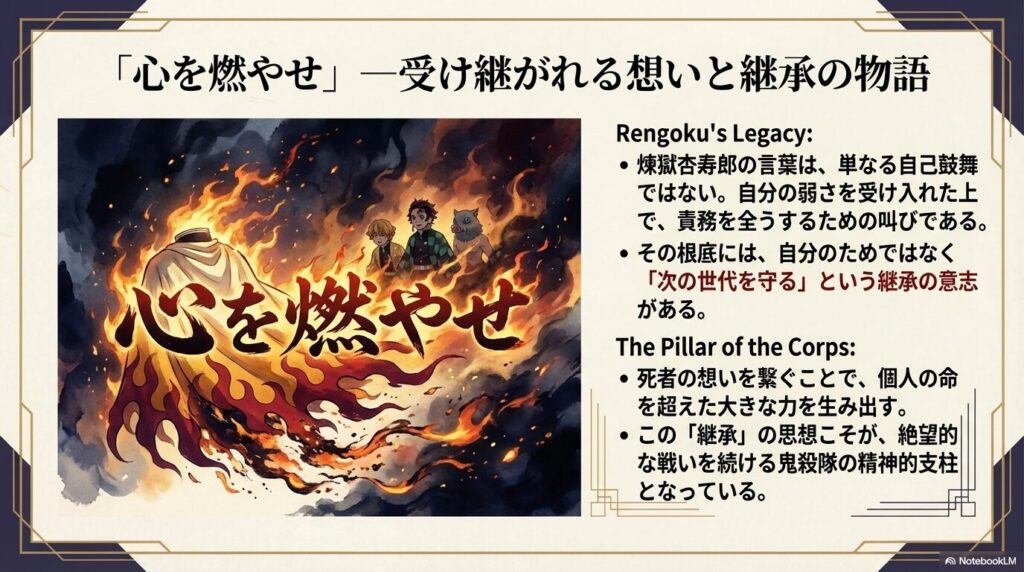 煉獄杏寿郎の遺した言葉「心を燃やせ」が示す、次世代への継承の意志と鬼殺隊の精神的支柱についての解説。