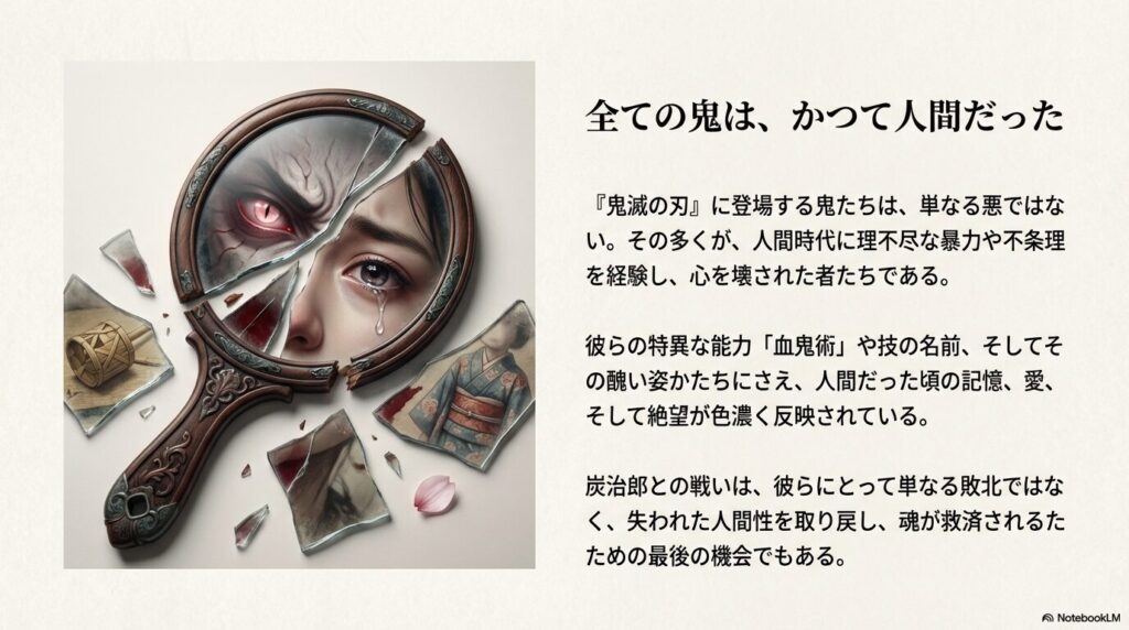 鏡に映る鬼の目と人間の顔、そして血鬼術に反映された記憶を説明する図。