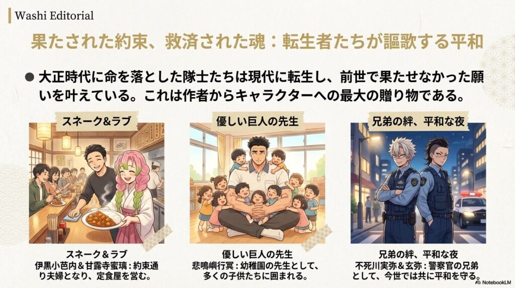 定食屋を営む伊黒と甘露寺、子供たちに囲まれる悲鳴嶼、警察官として並び立つ不死川兄弟のイラスト。前世の願いを叶え、現代で幸せに暮らす転生者たちを解説。