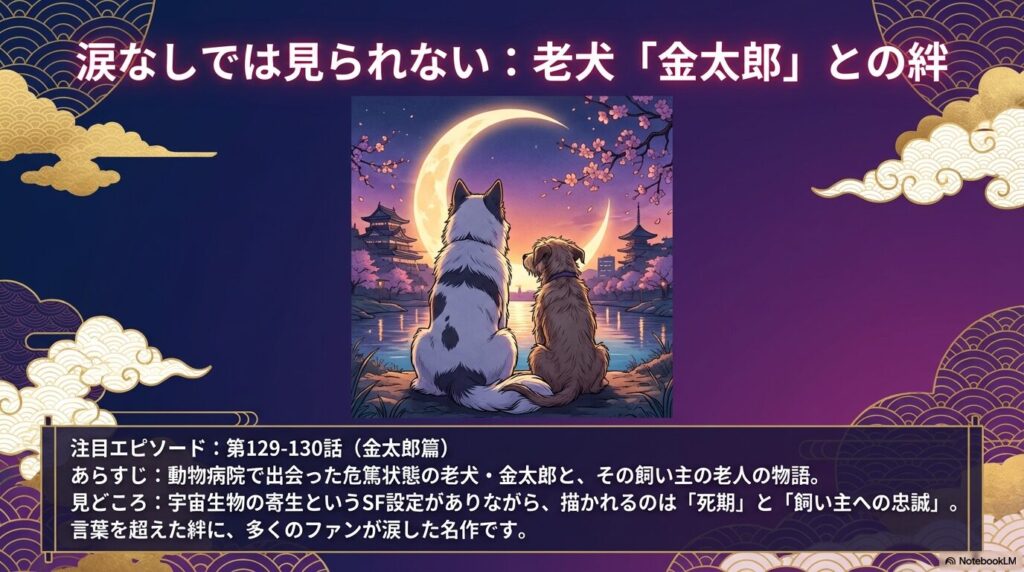 第129話・130話で描かれた、老犬・金太郎と飼い主の老人との言葉を超えた絆、忠誠心を描いたエピソードの紹介。 9. 「捨て犬と定春の絆を描くドッグフード回の魅
