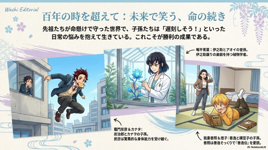 現代の部屋で「善逸伝」を読む善照と、呆れる燈子のイラスト。嘴平青葉、竈門炭彦・カナタ、我妻善照・燈子といった、先祖の能力や容姿を受け継いだ子孫たちの紹介スライド。