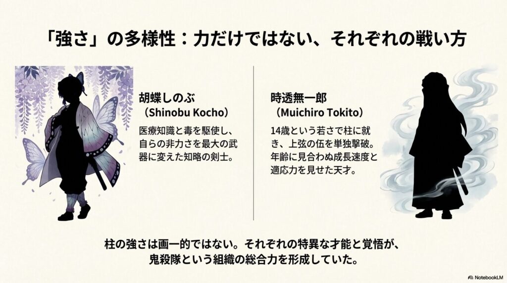 毒を駆使する知略の剣士・胡蝶しのぶと、驚異的な成長を見せた天才・時透無一郎を挙げ、柱の強さが画一的ではないことを解説したスライド。