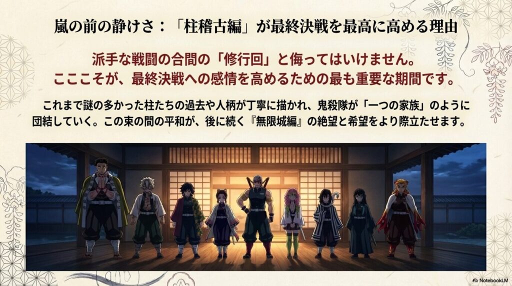 柱稽古編の重要性を説くスライド。柱たちの過去や人柄が描かれ、鬼殺隊が「一つの家族」として団結する過程が、後の無限城編の絶望と希望を際立たせると解説している 。