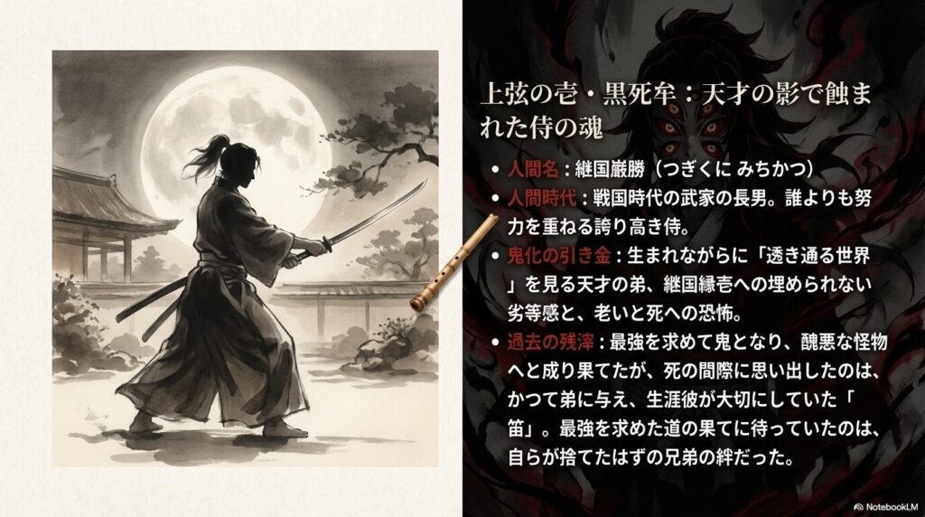 継国厳勝が鬼になった原因と、死の間際に思い出した「笛」のエピソードを解説したスライド。