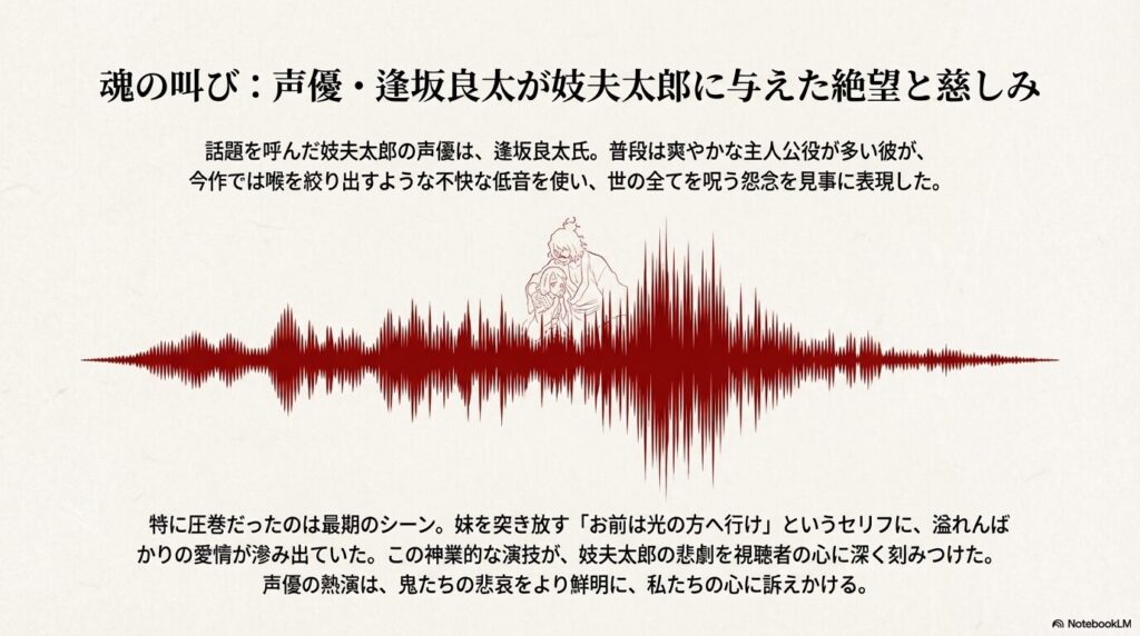 音波のイメージと共に、妓夫太郎役の逢坂良太氏による呪詛と愛情の演じ分けを評価するスライド。