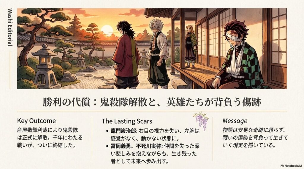 夕暮れの中で佇む義勇、実弥、輝利哉と、怪我を負い座り込む炭治郎のイラスト。鬼殺隊の解散と、炭治郎の右目・左腕の負傷など戦いの後遺症を説明するスライド。