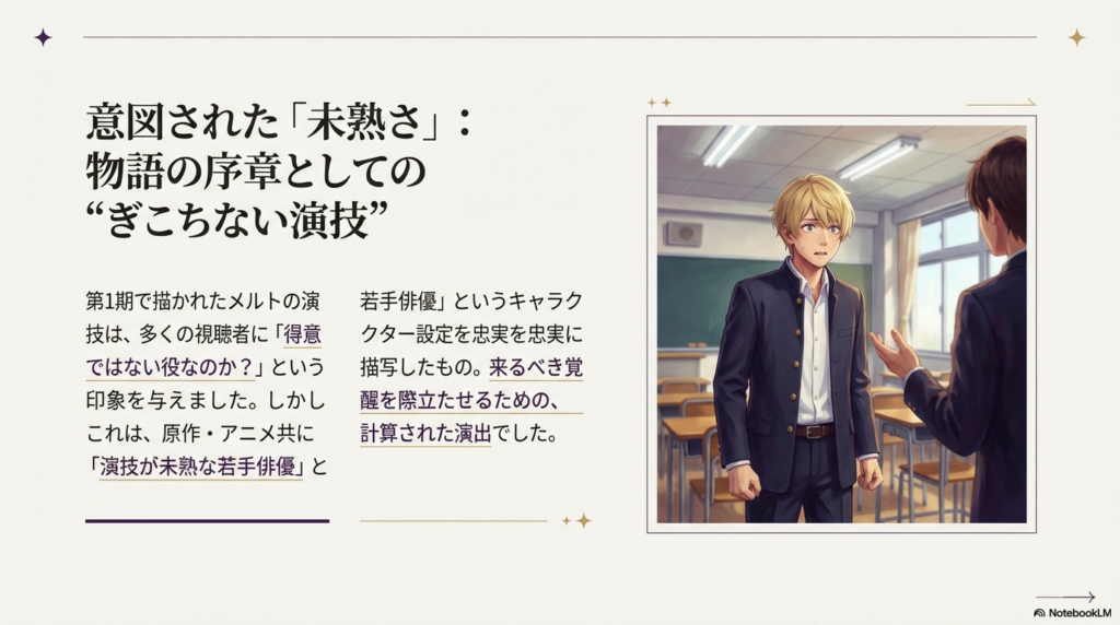 制服姿の鳴嶋メルトのイラスト。第1期の未熟な演技は覚醒を際立たせるための計算された演出であることを説明