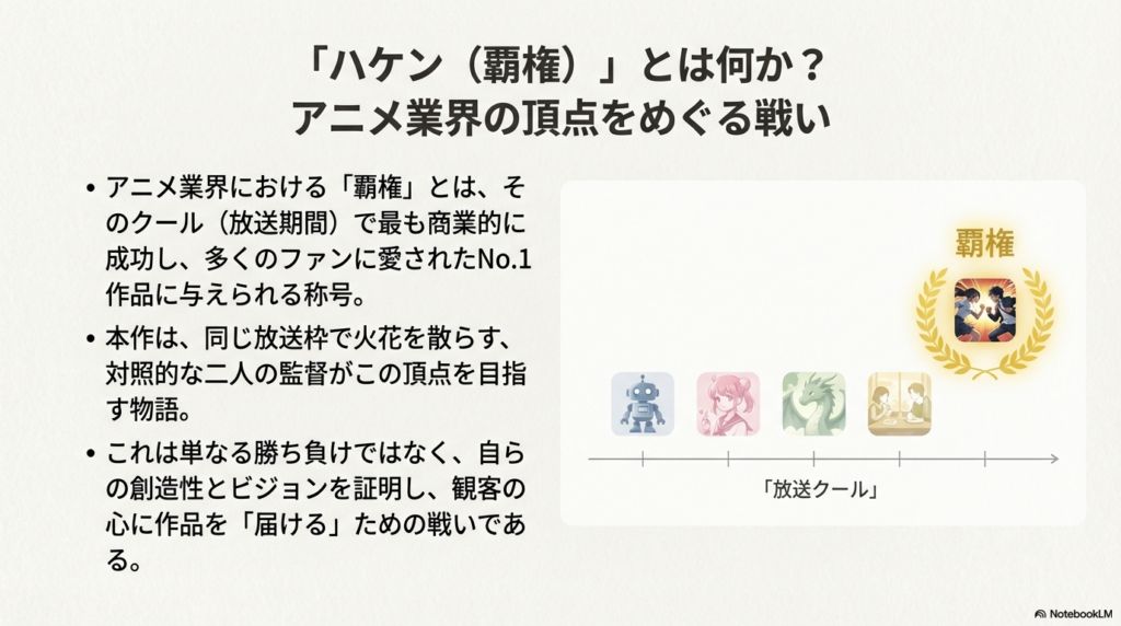 アニメ業界における「覇権」の定義と、対照的な二人の監督が頂点を目指す物語の構図を説明したスライド。