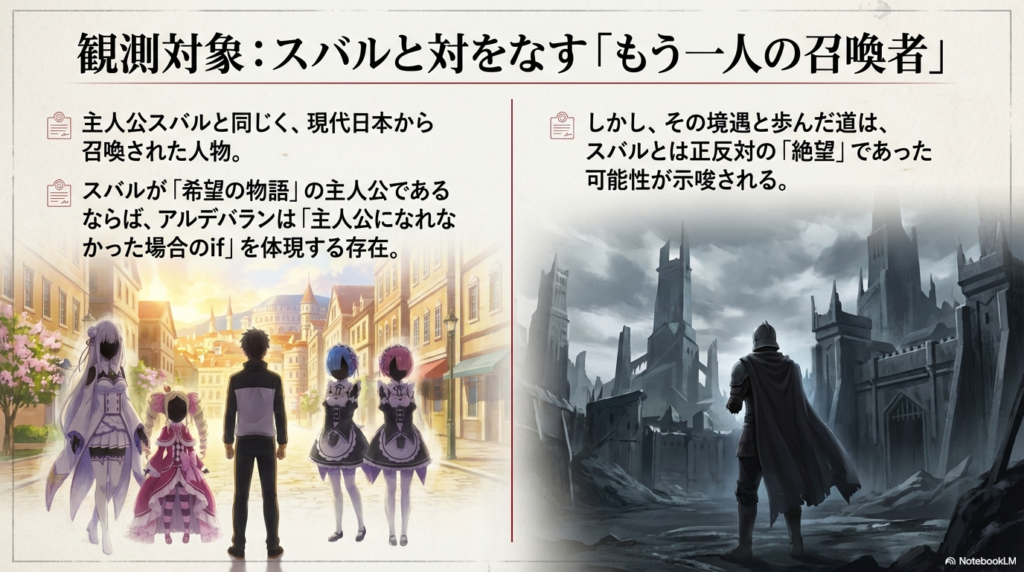 アルデバランがスバルの「if」の姿であり、希望の物語のスバルに対して、絶望の道を歩んだ可能性を示唆する対比図。