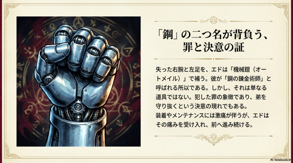 錬成陣を背景に、力強く握られた鋼鉄の義手(機械鎧)のアップ