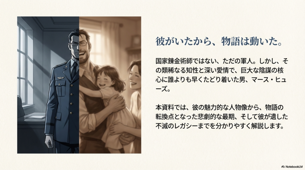 左側は軍務に就く厳しい表情の軍人としてのヒューズ、右側は娘を抱きしめ妻と笑い合う父親としてのヒューズが描かれた分割画像。