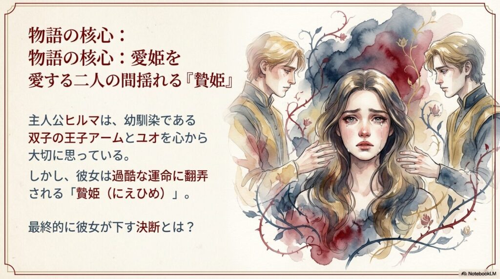 涙を浮かべるヒルマの背後に、彼女を見守る双子の王子アームとユオが描かれたイラスト。テキストで「愛する二人の間で揺れる『贄姫』ヒルマ」と「幼馴染の双子の王子アームとユオ」を紹介。