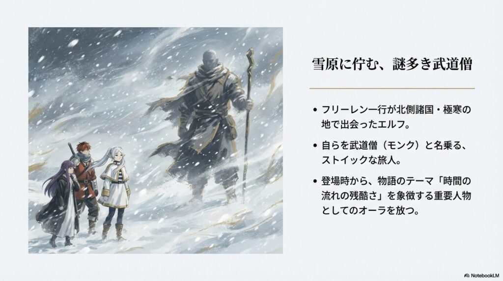 吹雪の中でフリーレン、フェルン、シュタルクの一行と対峙する、大柄でストイックな佇まいのクラフト。