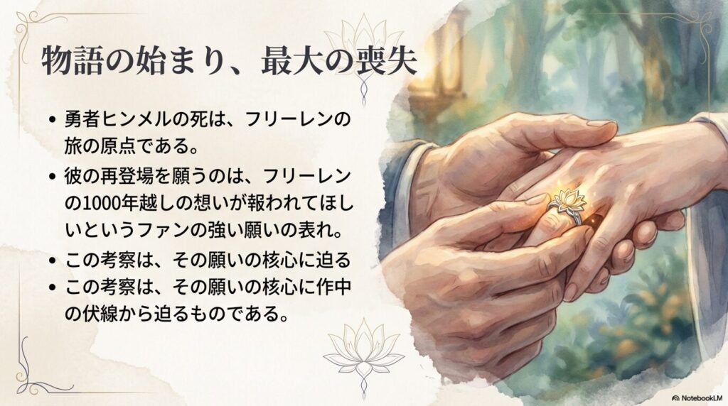 フリーレンの旅の原点であるヒンメルの死と、彼の再登場を願うファンの想いについてのスライド