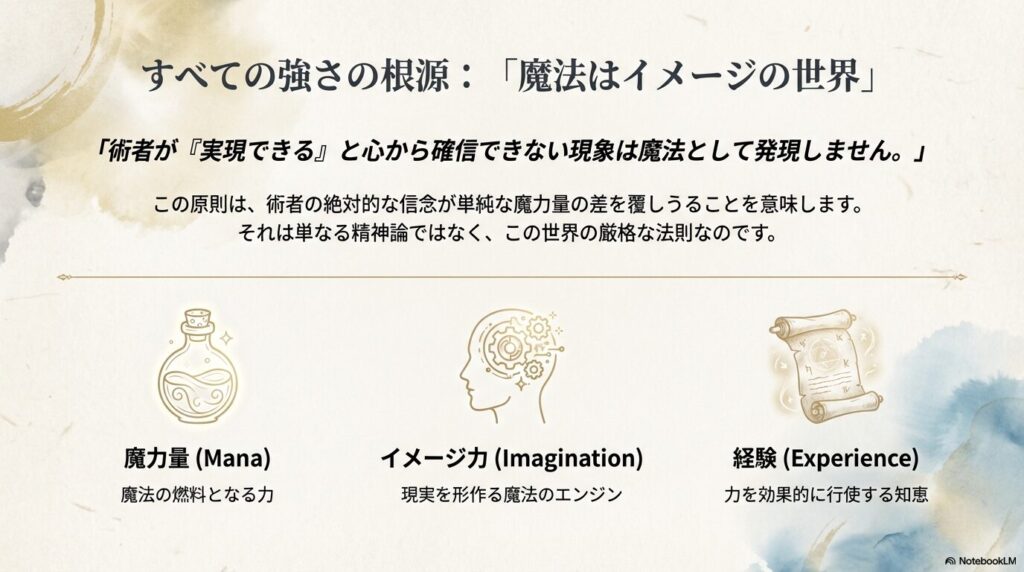 魔力量（燃料）、イメージ力（エンジン）、経験（知恵）という、魔法の強さを形作る3つの要素をイラストで解説した図。