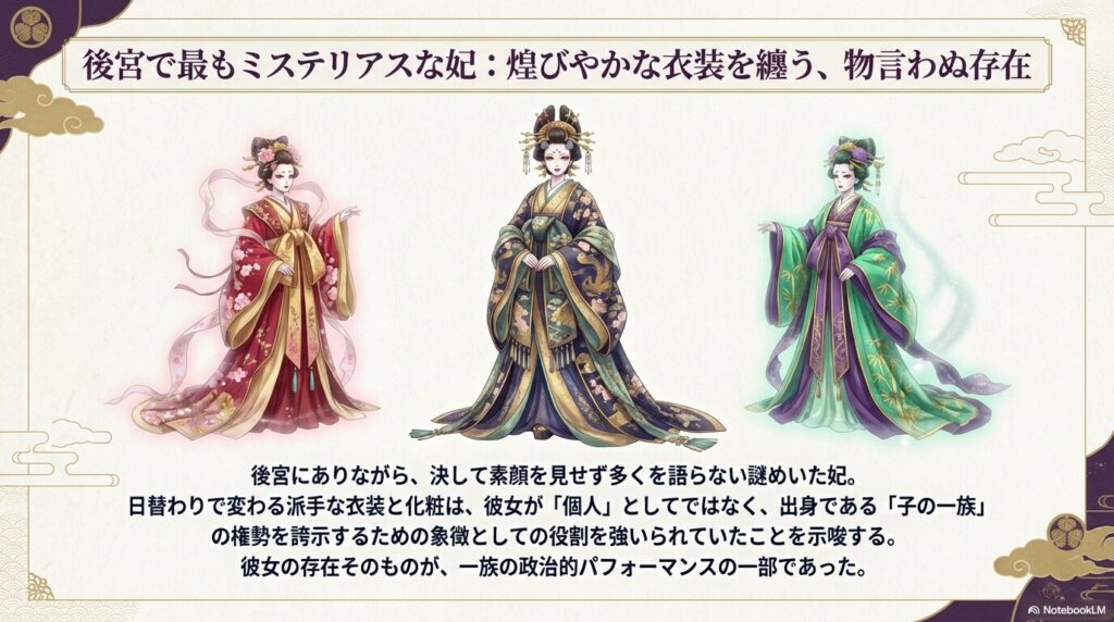 豪華な衣装と化粧を纏った楼蘭妃のイラストと、一族の権勢を誇示する象徴としての解説