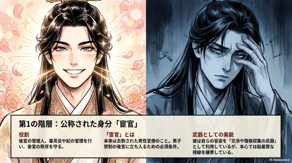 壬氏の表向きの役割である後宮の管理人（宦官）についての解説。本来は去勢された男性官僚であることや、壬氏が自身の美貌を交渉の武器として利用している一方で、本心では周囲の視線を嫌悪していることを示す対照的なイラスト。