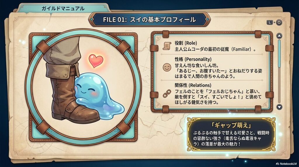 スイの性格（甘えん坊な食いしん坊）やムコーダ・フェルとの関係性、そして戦闘時の容赦ない強さとのギャップについてまとめたプロフィール表。