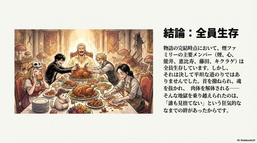 煙を中心に、ファミリーの主要メンバーが食卓を囲んで賑やかに豪華な食事を楽しんでいる幸せそうな光景。