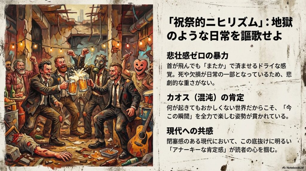スライド2枚目。荒廃した部屋で、ガスマスクを被った男やスーツ姿の男たちが笑顔でビールを掲げ乾杯しているイラスト 。テキストでは、死や欠損が日常の一部となっている「悲壮感ゼロの暴力」や「カオスの肯定」について解説している 。