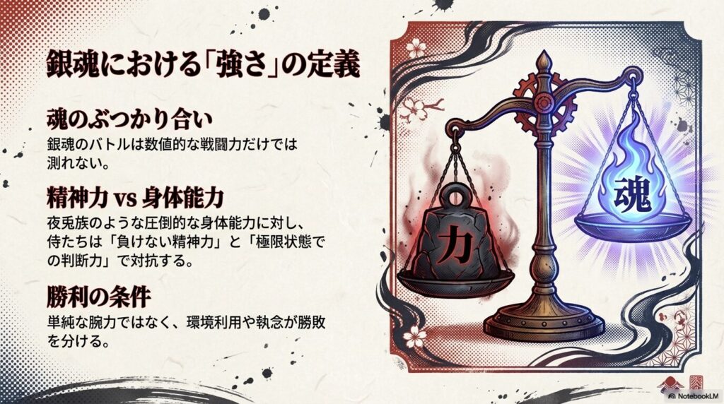 天秤の左側に「力」、右側に青く燃える「魂」が乗っており、銀魂のバトルは数値的な戦闘力だけでなく精神力や判断力が重要であることを示す図解 。