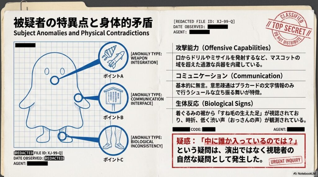 エリザベスの外見的特徴の解説図。口内の兵器（ドリルやミサイル）、意思疎通用のプラカード、着ぐるみの裾から見えるすね毛の生えた足など、生物的な矛盾点が示されている。