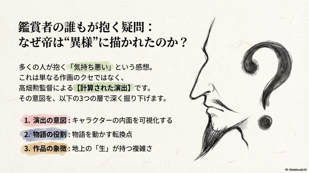 帝がなぜ異様に描かれたのか、高畑勲監督による計算された演出意図を3つの層で解説する導入スライド。