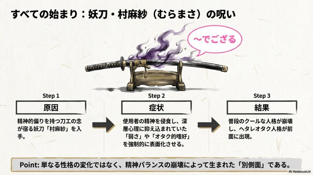 妖刀・村麻紗の呪いにより、使用者の精神が侵食され、深層心理の弱さが表面化しヘタレオタク人格が出現するプロセスを説明する図解。