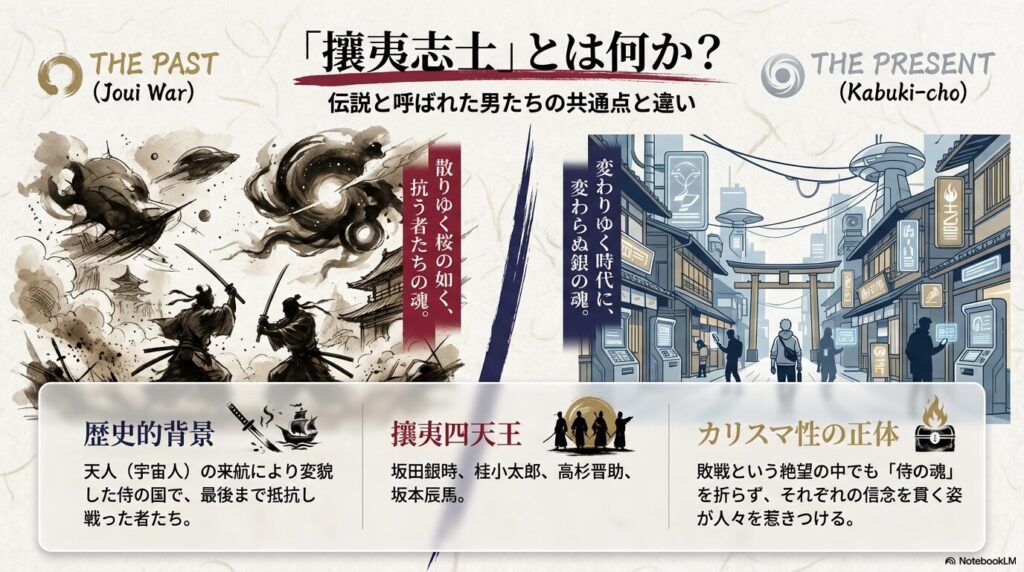 天人の来航により変貌した江戸の街と、かつて抗った攘夷志士たちの戦いを描いたイメージ図。