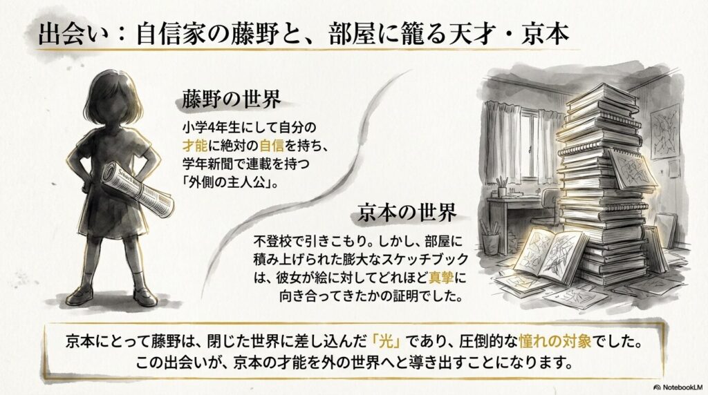 自信に満ちた藤野のシルエットと、京本の部屋に高く積み上げられた膨大なスケッチブックの対比図。