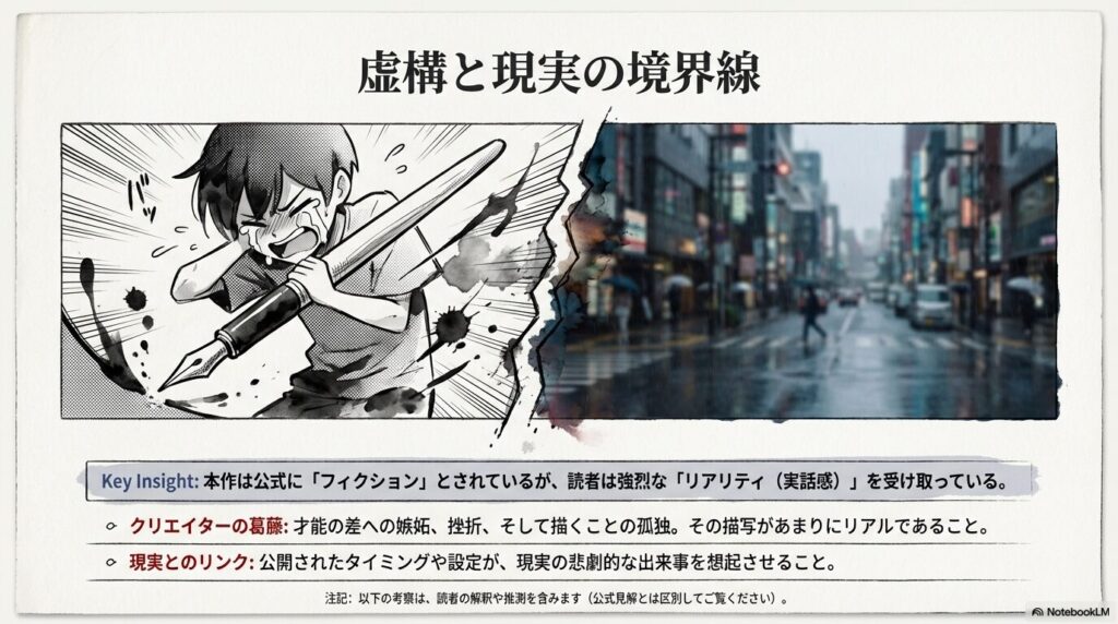 本作がフィクションでありながら強烈なリアリティを持つ理由として、クリエイターの葛藤（嫉妬や孤独）のリアルな描写と、現実の悲劇とのリンクを挙げた解説スライド。