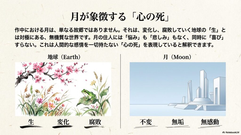 地球（生・変化・腐敗）と月（不変・無垢・無感動）の対比を示し、月が人間的な感情を持たない「心の死」の象徴であることを説明する比較図。