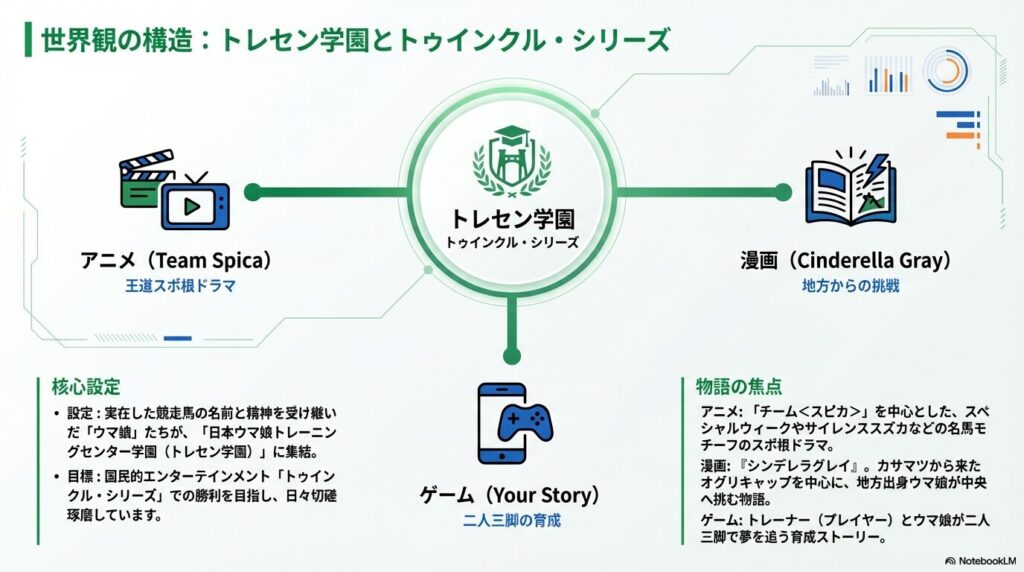 トレセン学園とトゥインクル・シリーズを舞台設定の核心とし、アニメ（チーム＜スピカ＞）、漫画（シンデレラグレイ）、ゲーム（二人三脚の育成）それぞれが焦点を当てている物語の構造を解説した図解スライド。