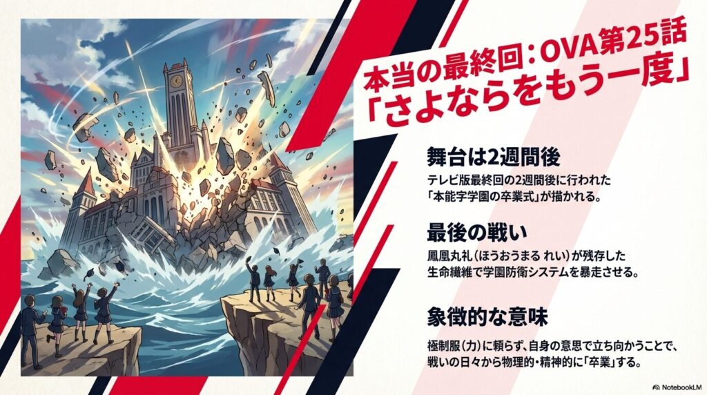 海に沈みゆく本能字学園と、それを見守る生徒たちのイラスト 。テレビ版の2週間後に行われた卒業式と、鳳凰丸礼による最後の戦いについて記述されている 。