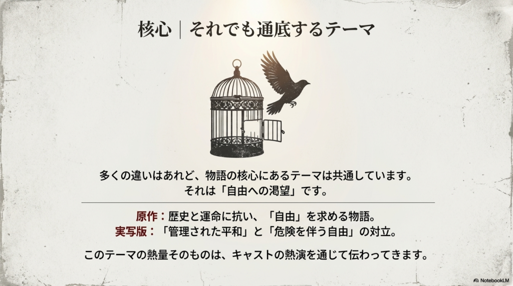 原作と実写版でアプローチは異なるが、根底にある「自由への渇望」というテーマは共通していることを示すスライド。