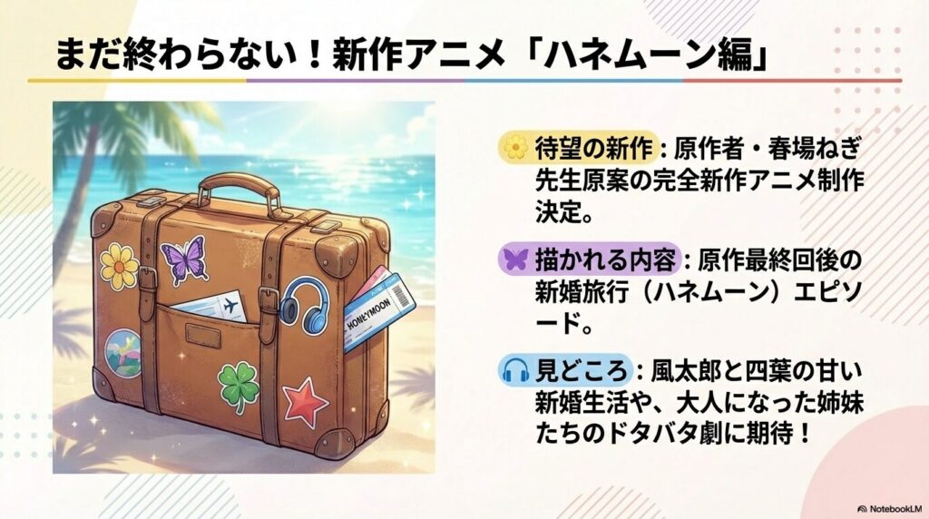 春場ねぎ先生原案の完全新作アニメ、新婚旅行エピソードについて紹介したスライド。