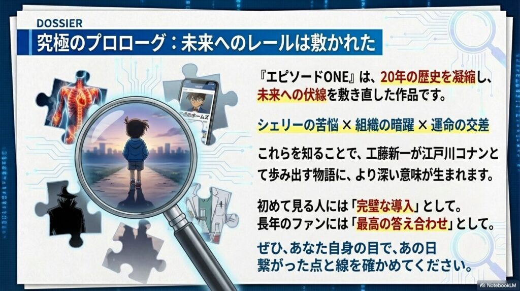 20年の歴史を凝縮し、シェリーの苦悩や組織の暗躍、運命の交差を確かめる「最高の答え合わせ」としての本作を総括するスライド。