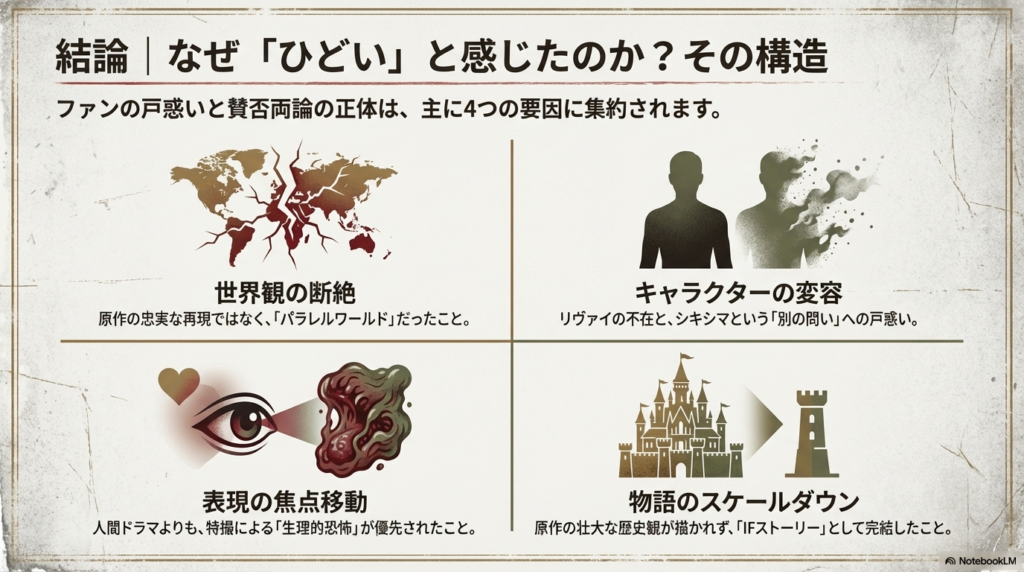 世界観の断絶、キャラクターの変容、表現の焦点移動、物語のスケールダウンの4点に評価が分かれた理由をまとめたスライド。