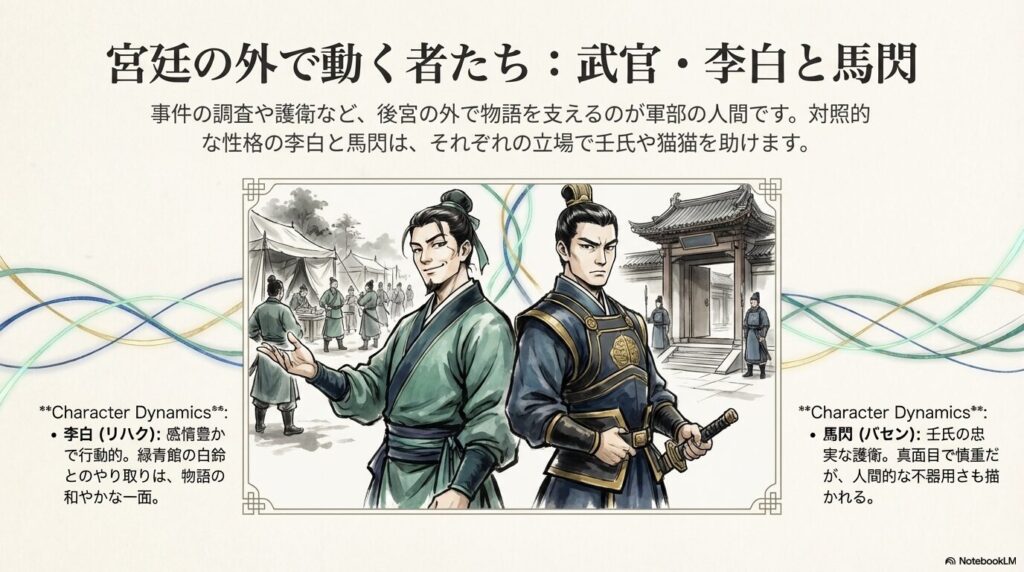 快活な武官・李白と、真面目な護衛・馬閃の対照的な姿。軍部から猫猫たちを支える役割についての解説。
