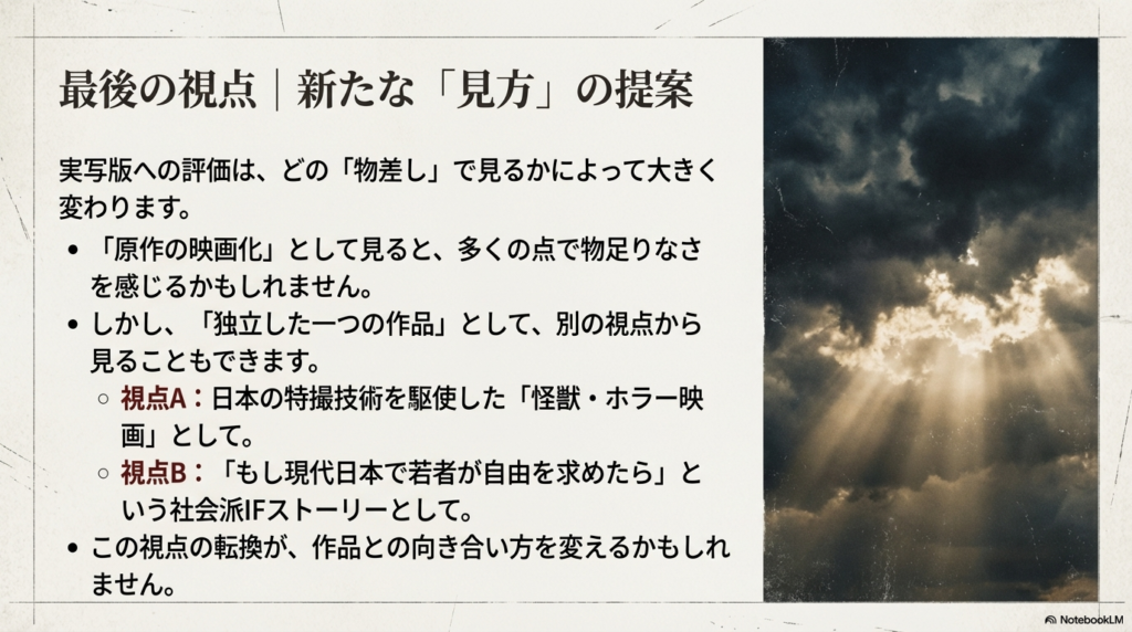 「怪獣・ホラー映画」として見る視点と、「現代社会のIFストーリー」として見る視点の転換を提案するスライド。