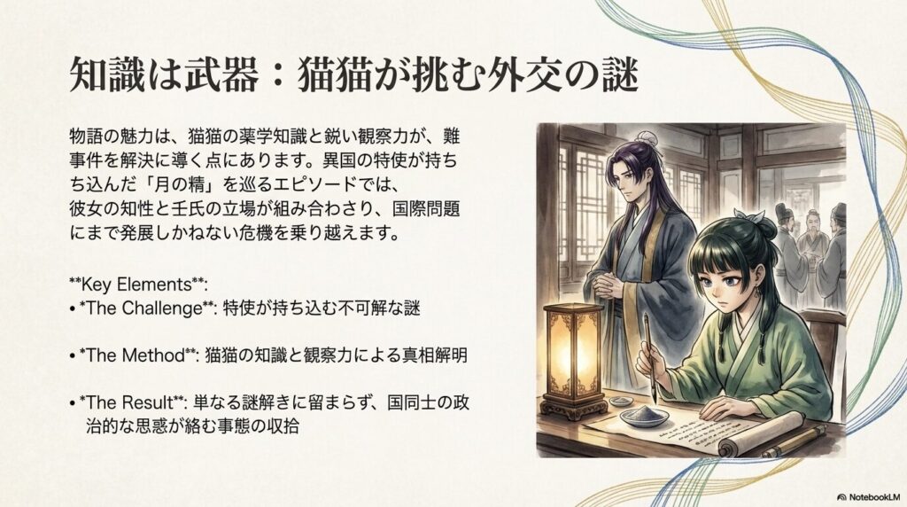 筆を執る猫猫と背後に立つ壬氏。特使が持ち込んだ「月の精」の謎と、知性で国際問題を解決する様子を説明。