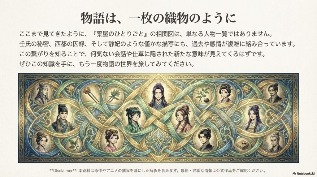 登場人物全員が糸で繋がった豪華な絵巻風イラスト。これまでの繋がりを踏まえて物語を再体験することを促すまとめスライド。