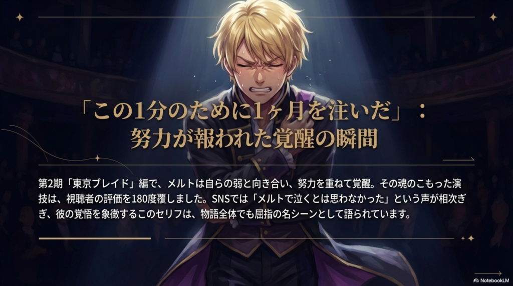 劇中劇で魂のこもった演技を見せるメルトのイラスト。「この1分のために1ヶ月を注いだ」というセリフと共に努力の結実を紹介