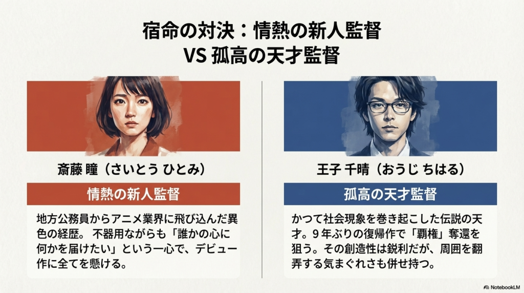 新人監督・斎藤瞳と天才監督・王子千晴のビジュアル、および二人の経歴やスタンスを対比させたキャラクター紹介スライド。