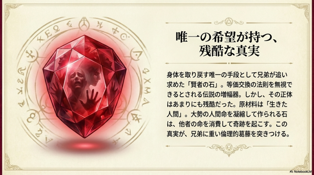 赤く輝く賢者の石の中に、苦悩する人々の顔が浮かび上がっている様子