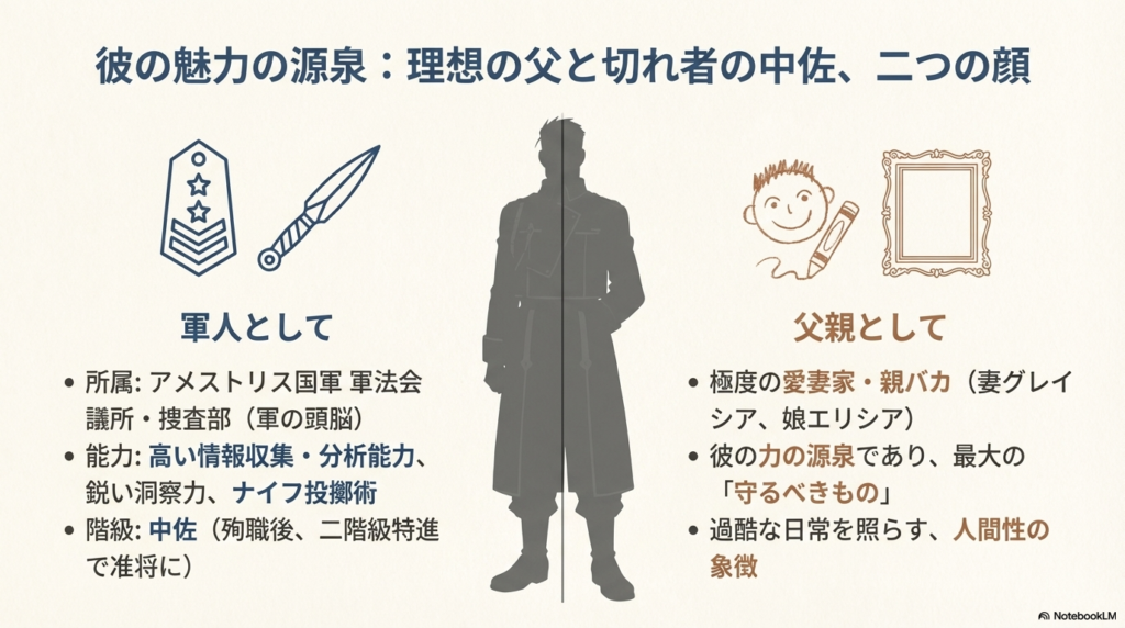 階級章やナイフのアイコンと、子供が描いたようなヒューズの似顔絵、写真フレームのイラストが並び、彼の能力と家族愛を象徴する図解。